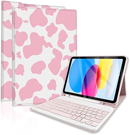 TopPerfekt for iPad 10th Generation Keyboard Case 10.9 inch 2022, Detachable, Rechargeable, Magnetically Absorbent, Auto Sleep\/Wake, Pencil Holder for iPad 10.9 inch Case with Keyboard - Pink Cow